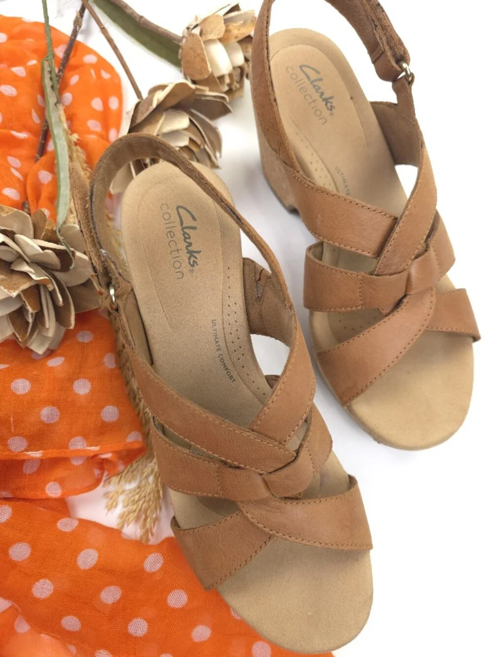Clarks Collection Women's Tan Leather Platform Sandals 8½m